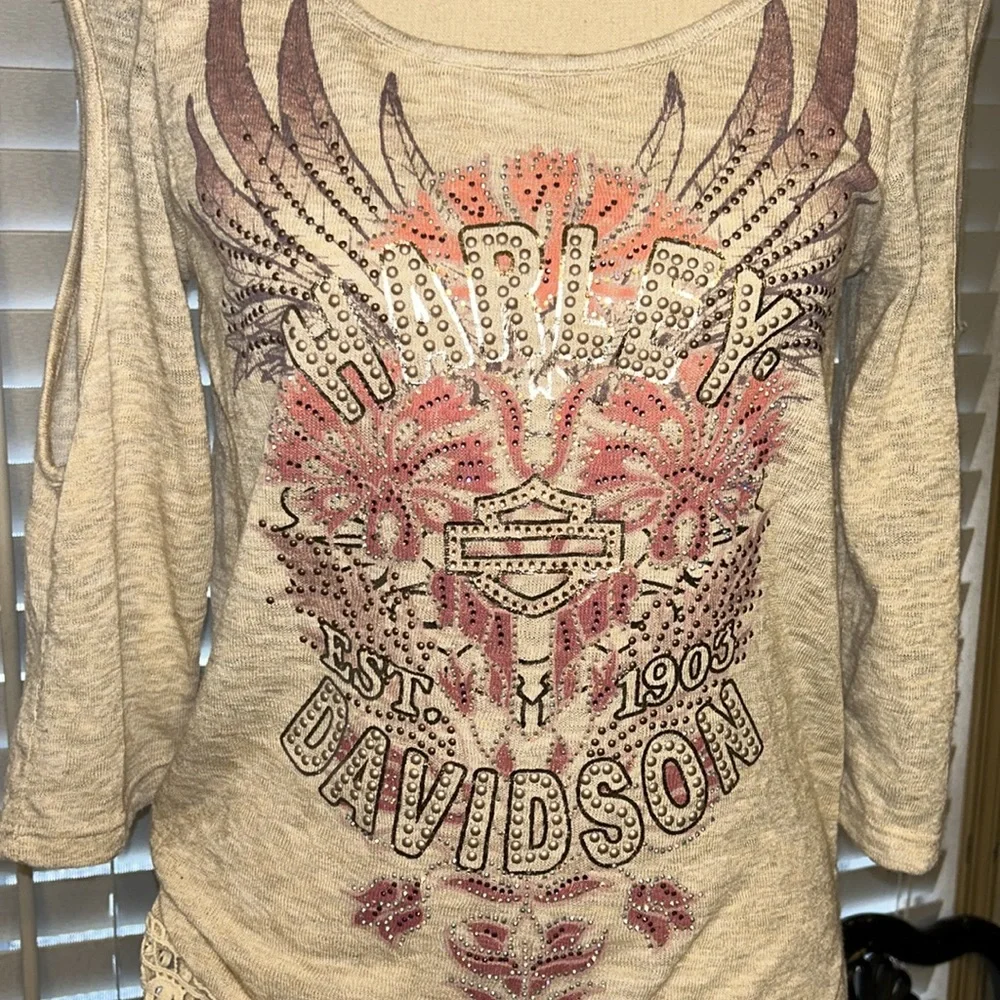 Harley-Davidson Cream and Pink Embellished Cold-Shoulder Top - Picture 1 of 8